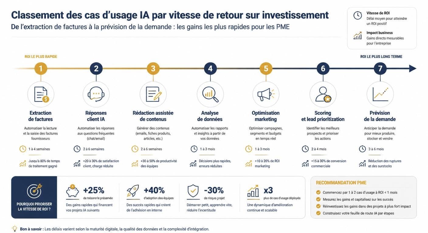 Infographie classant les cas d'usage IA par rapidité de retour sur investissement en PME