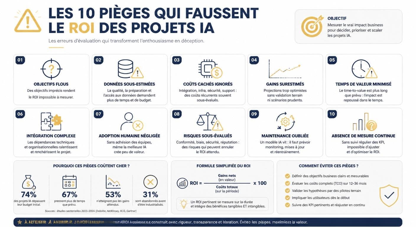 Infographie des principales erreurs qui faussent le calcul du ROI d'un projet IA