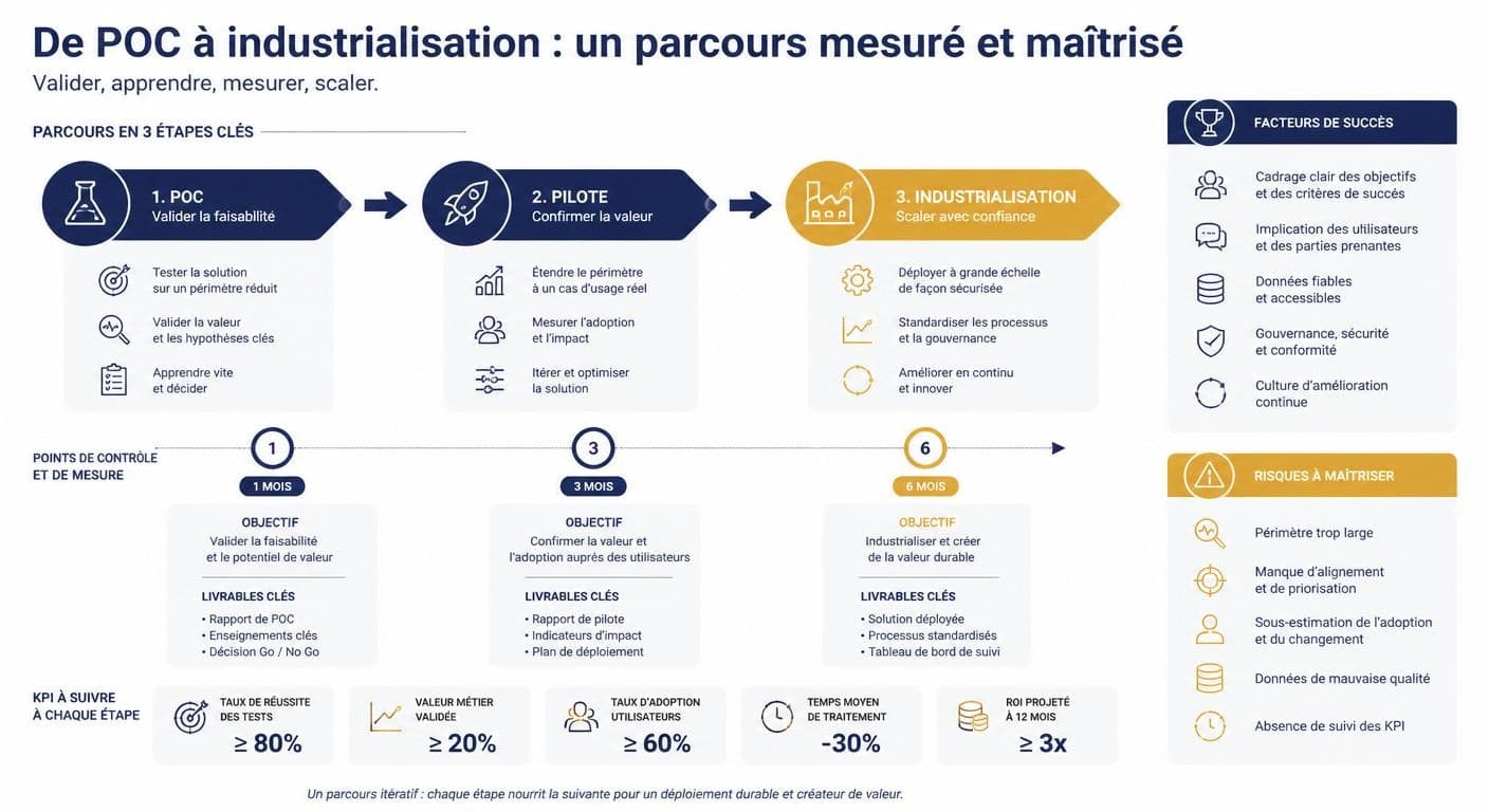 Infographie du parcours du POC à l'industrialisation avec points de mesure à 1, 3 et 6 mois