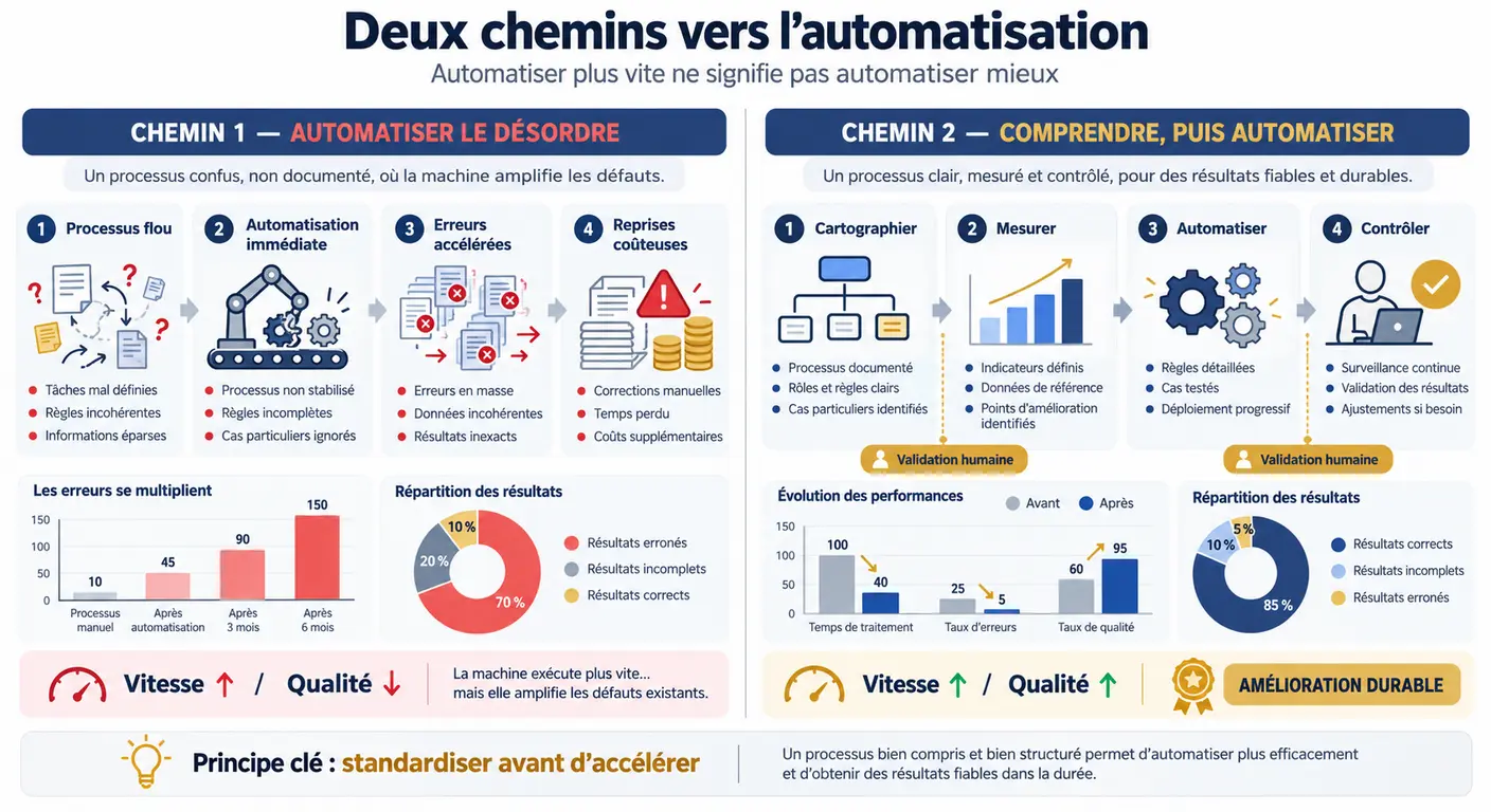 Infographie comparant l'automatisation d'un circuit non décrit et l'automatisation après relevé de l'état initial