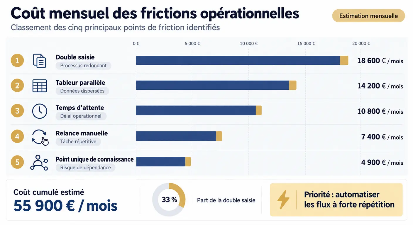 Infographie classant les cinq frictions chiffrées du cycle devis d'une PME industrielle par coût mensuel estimé
