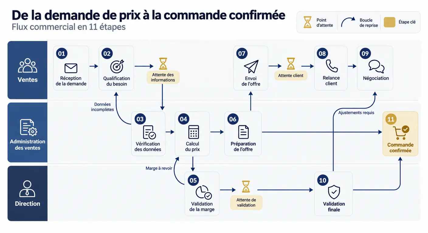 Infographie des onze étapes du cycle devis vers commande avec les points d'attente et les reprises