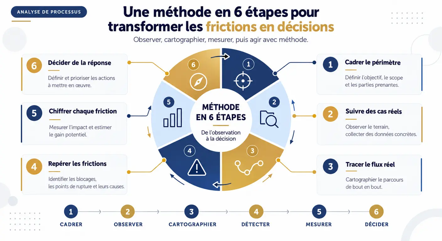 Infographie de la méthode en six étapes pour cartographier le flux devis commande en PME