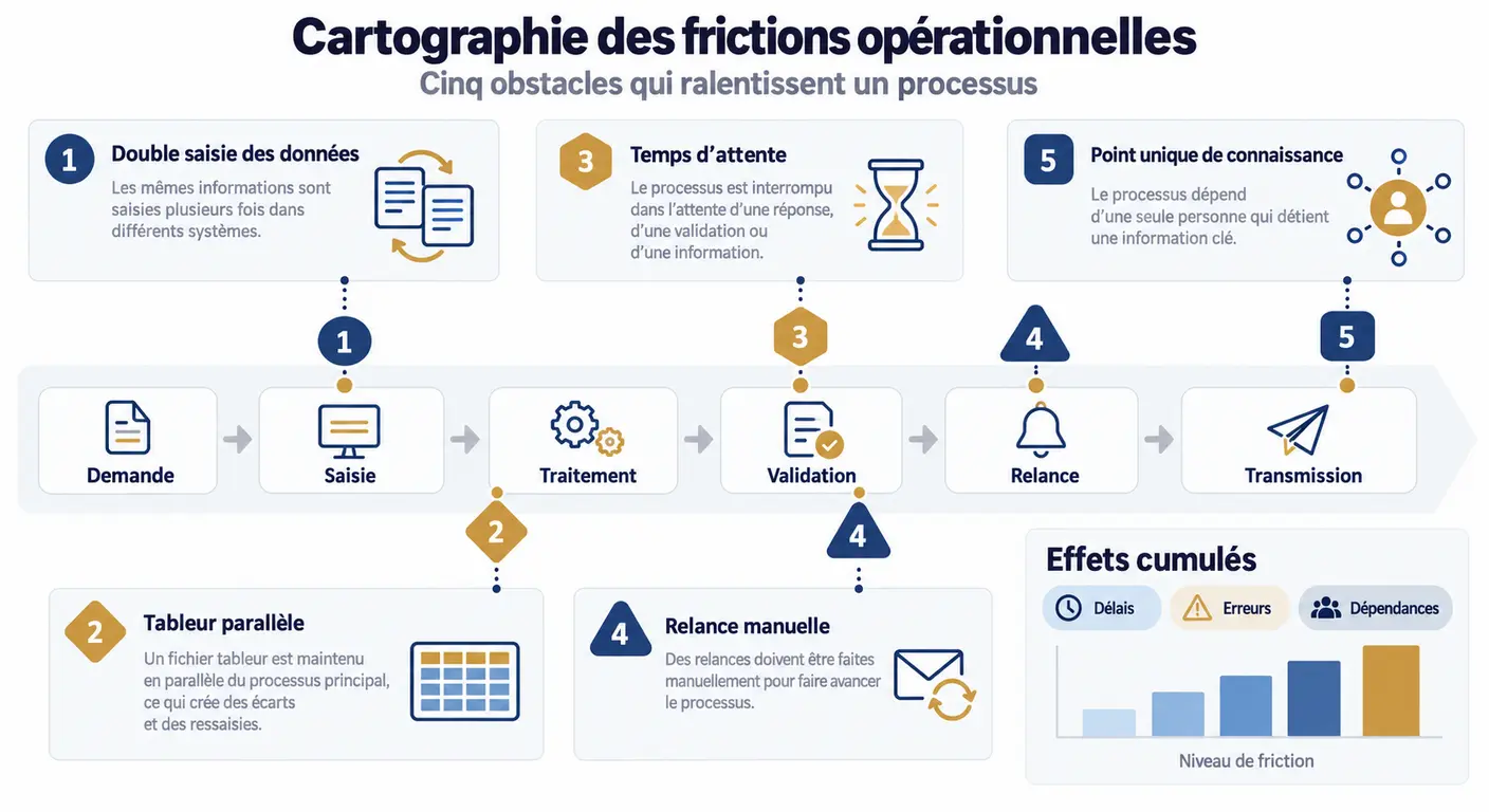 Infographie des cinq types de friction à marquer sur une carte de processus : ressaisie, fichier parallèle, attente, relance manuelle, point unique