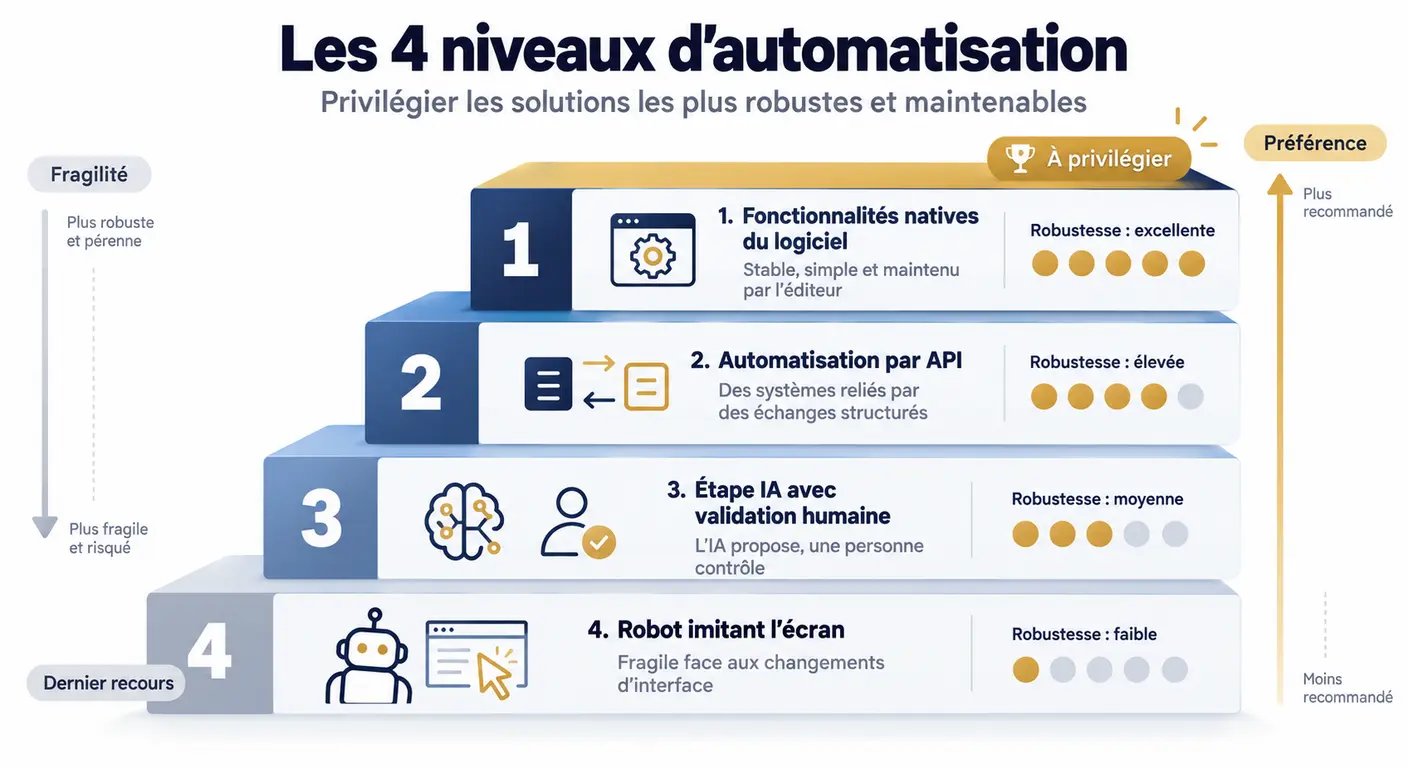 Infographie de l'ordre de préférence des approches d'automatisation, des fonctions natives au robot logiciel