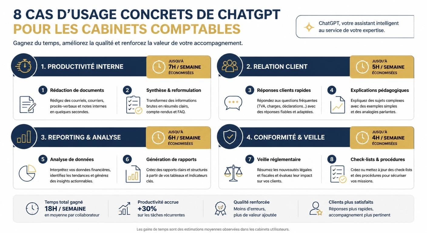 Infographie des huit cas d'usage concrets de ChatGPT en comptabilité PME