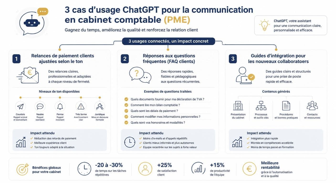 Infographie des cas d'usage ChatGPT pour la communication client et interne en comptabilité PME