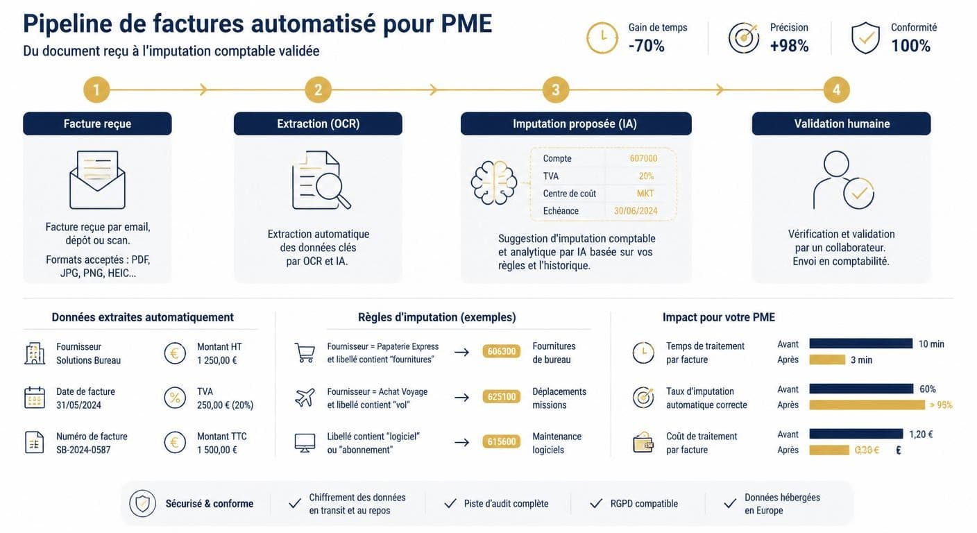 Infographie du flux d'automatisation de la saisie de factures avec ChatGPT et validation humaine