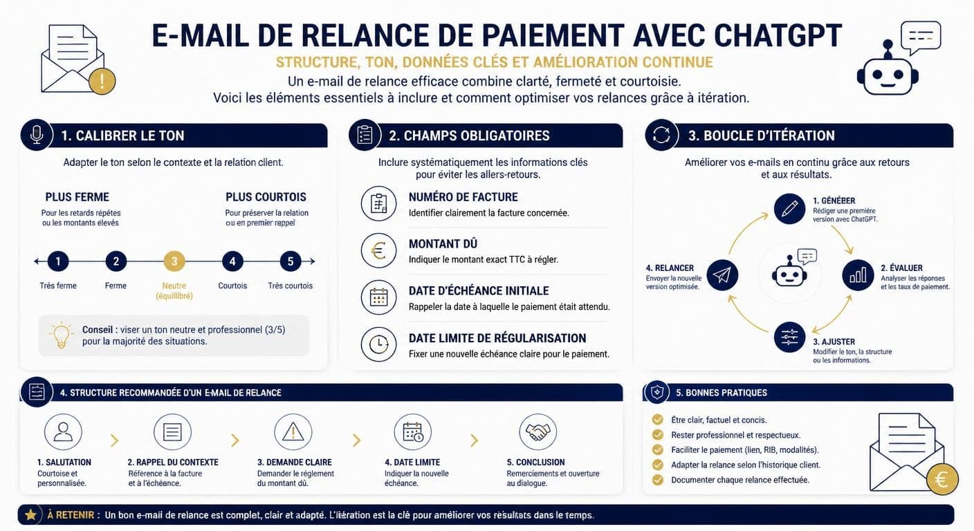 Infographie de l'anatomie d'un email de relance d'impayé rédigé avec ChatGPT