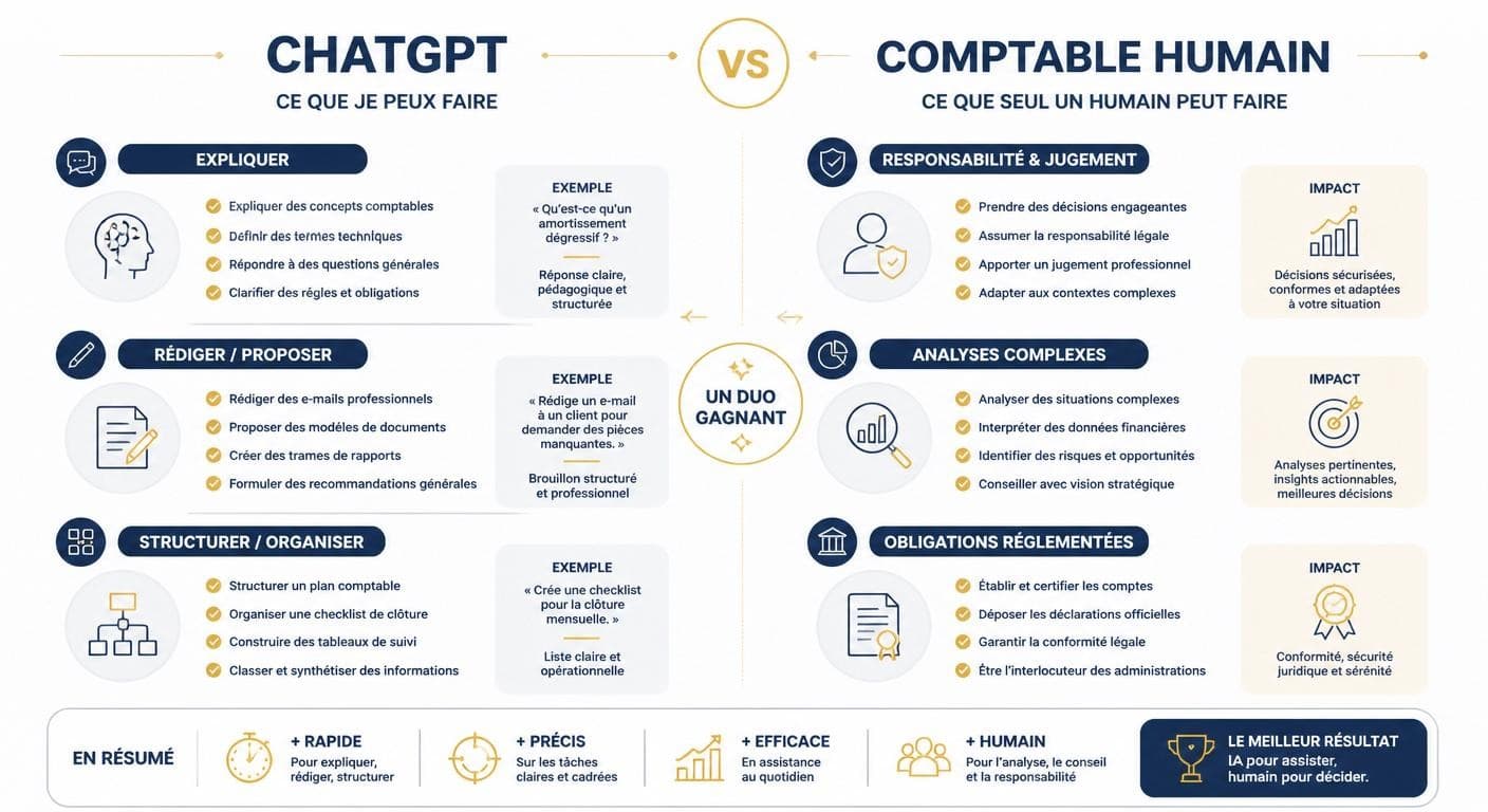 Infographie comparant les tâches déléguables à ChatGPT et celles réservées au comptable