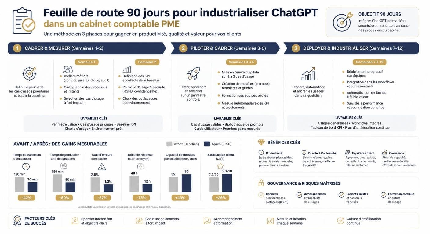Infographie de la feuille de route 90 jours pour industrialiser ChatGPT en comptabilité PME