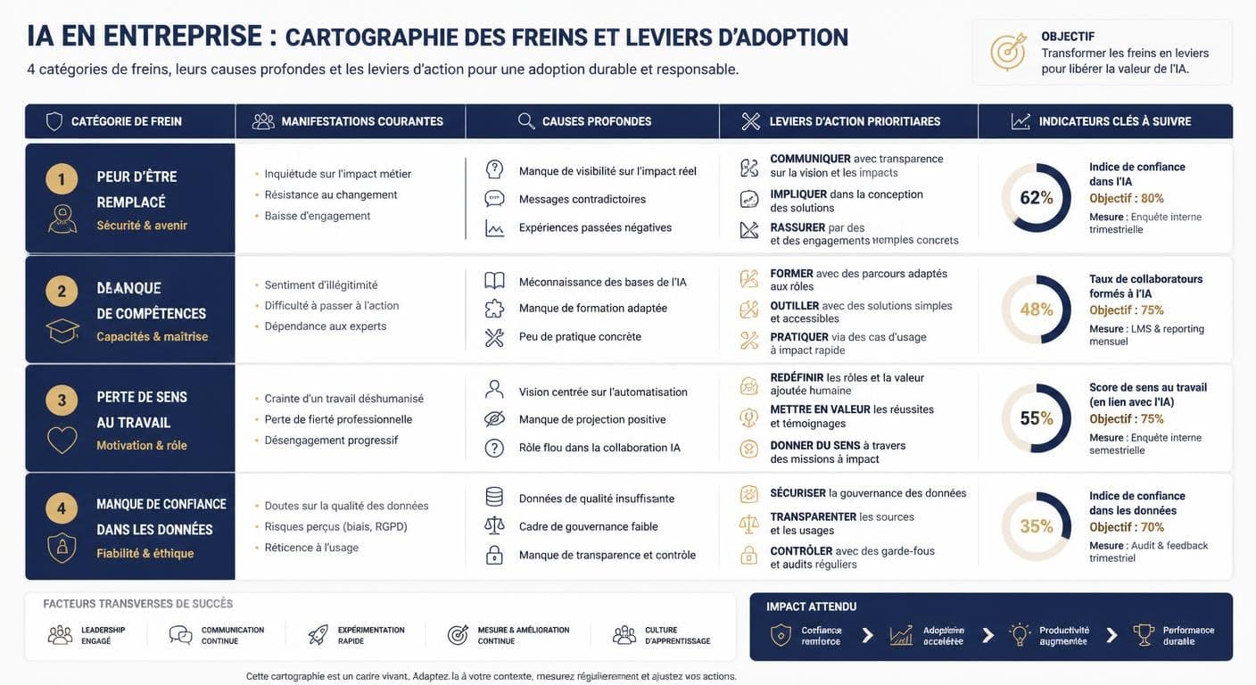 Infographie cartographiant les quatre familles de freins à l'adoption de l'IA et leurs leviers