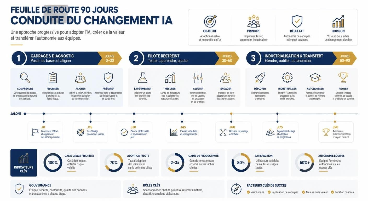 Infographie du plan de conduite du changement IA en 90 jours en trois phases