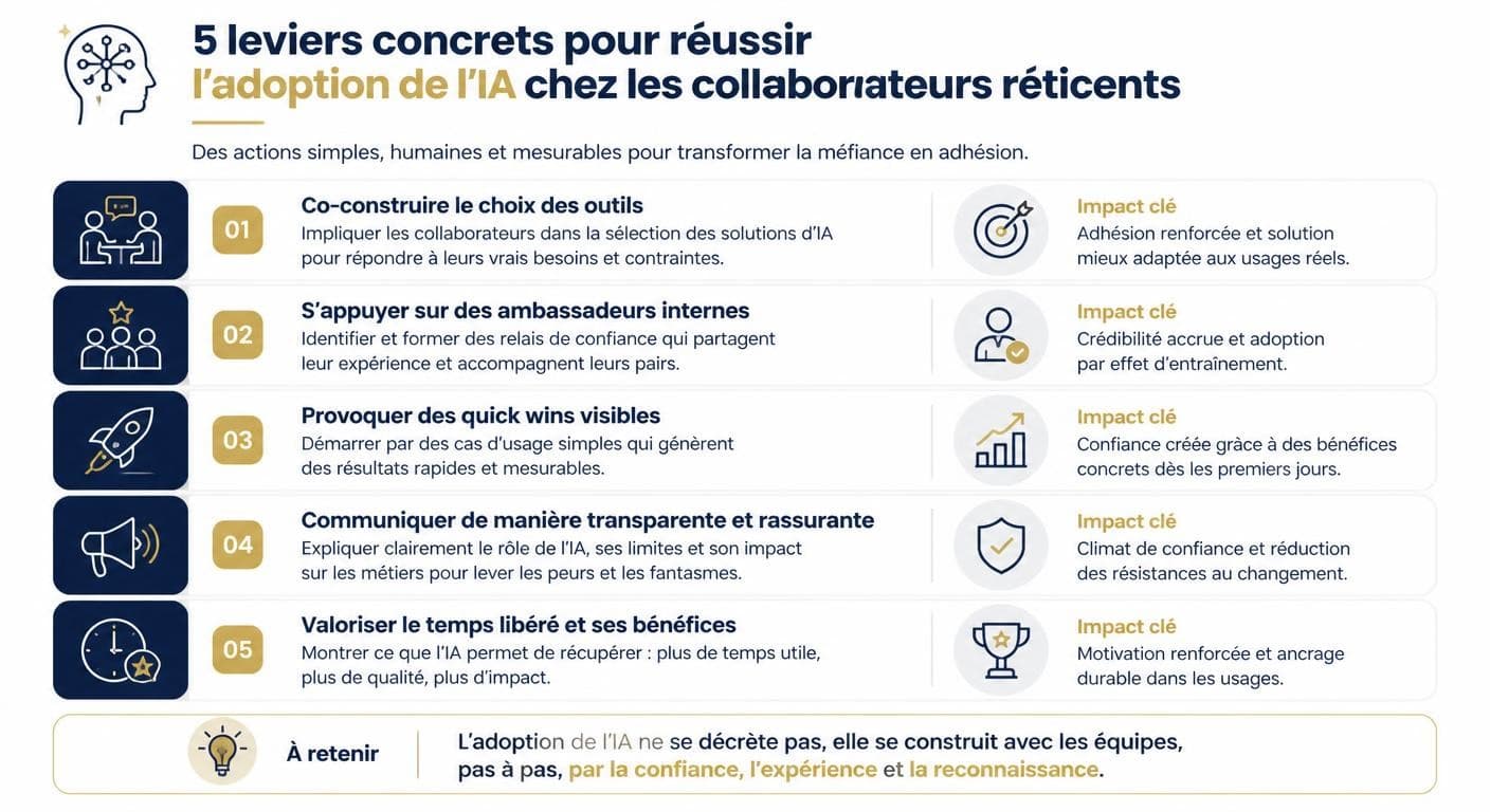 Infographie des cinq leviers concrets pour faire adopter l'IA aux collaborateurs réticents