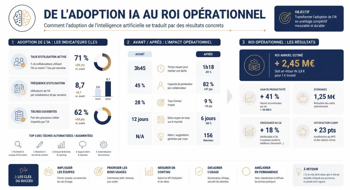 Infographie reliant les indicateurs d'adoption de l'IA au ROI opérationnel avant/après
