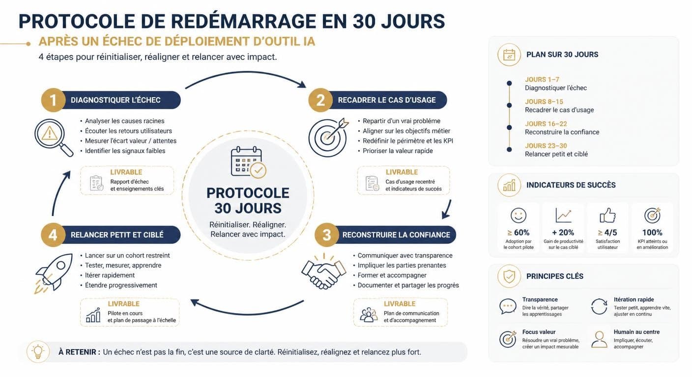 Infographie du protocole de redémarrage en 30 jours après l'échec d'un outil IA
