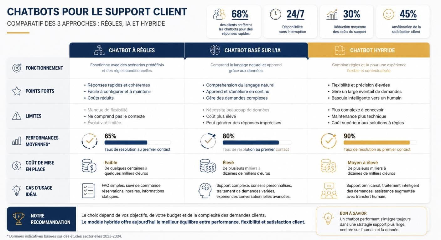 Infographie comparant les trois types de chatbots de support client : scripté, IA et hybride