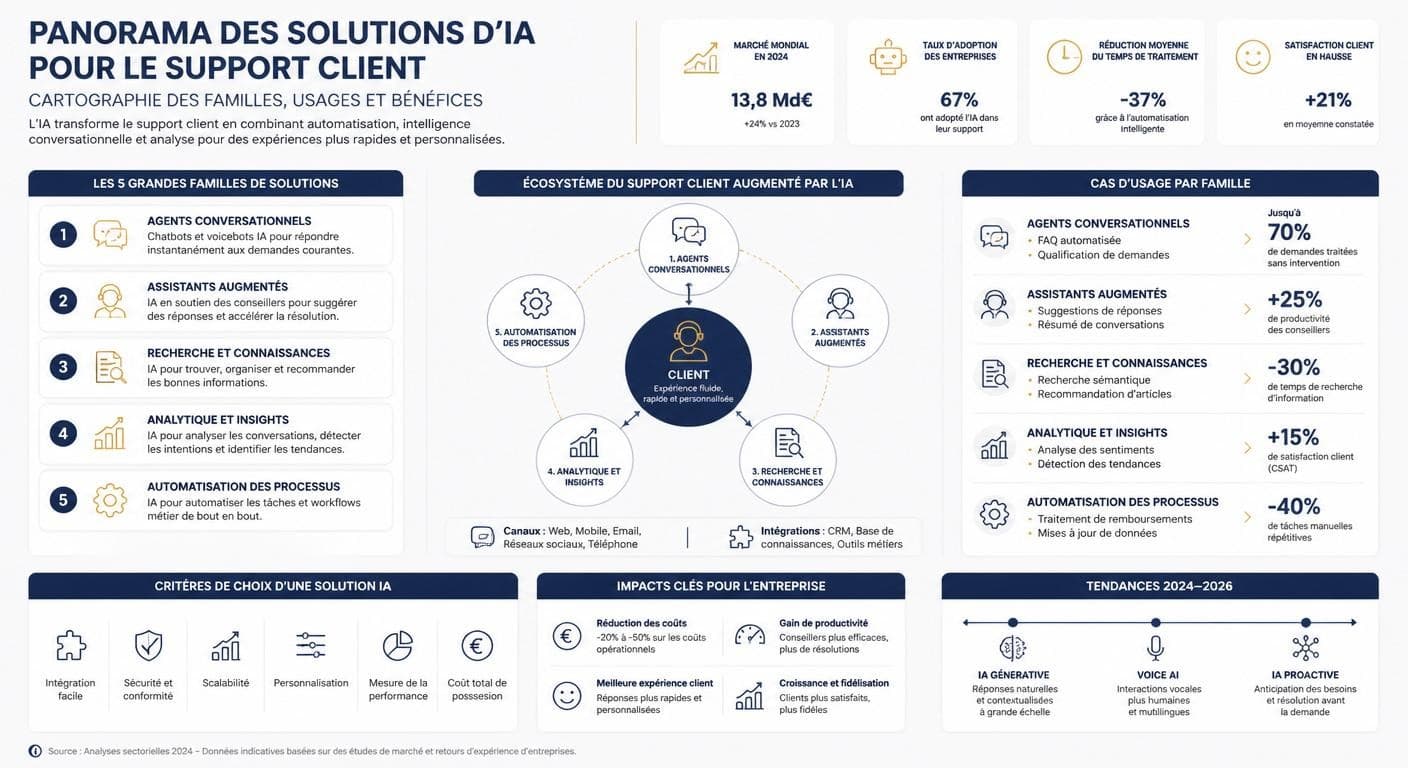 Infographie du panorama des familles de solutions de chatbot IA de support