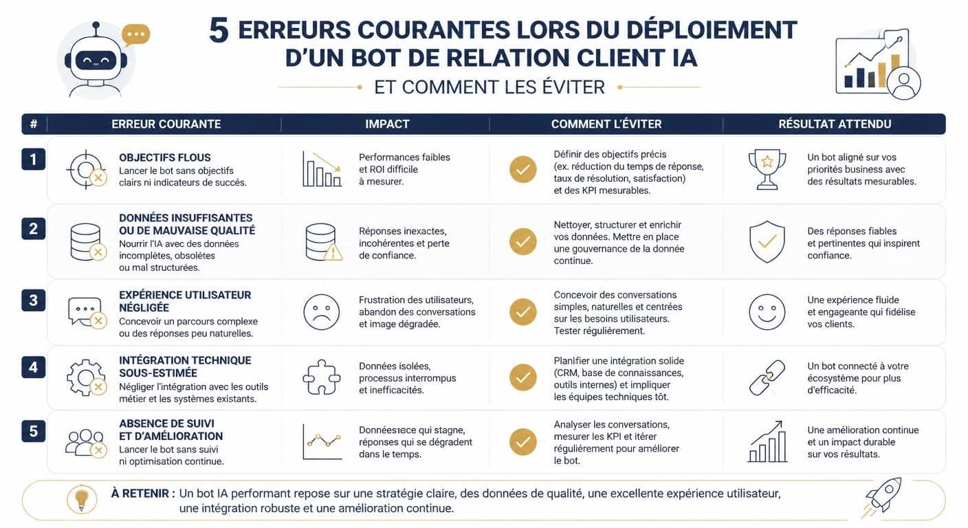Infographie des cinq erreurs à éviter avec un bot IA de relation client