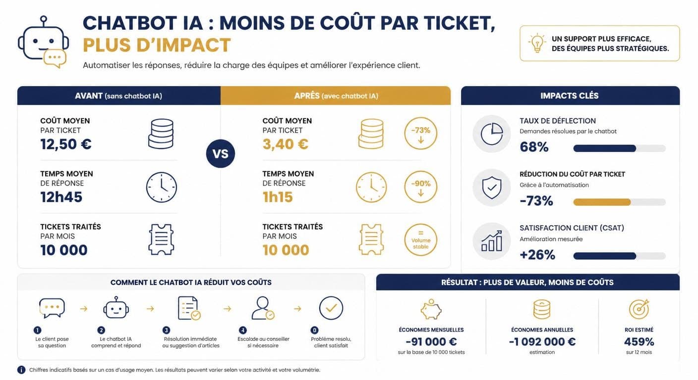 Infographie de la réduction du coût par ticket grâce au chatbot IA de support client