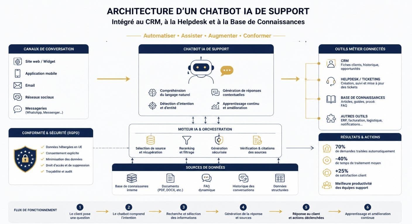 Infographie d'architecture d'un chatbot IA de support client intégré au CRM et conforme RGPD