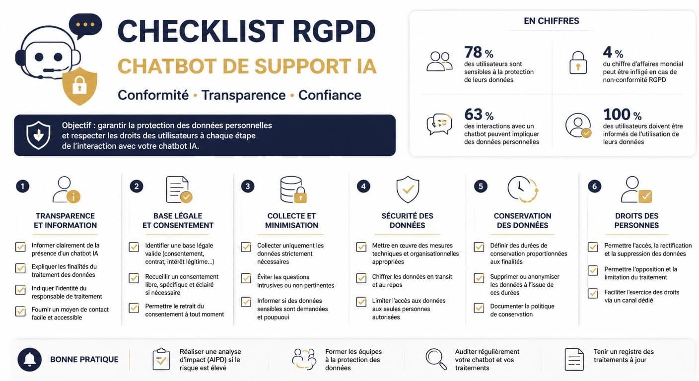 Infographie de la check-list de conformité RGPD du DSI pour un chatbot IA