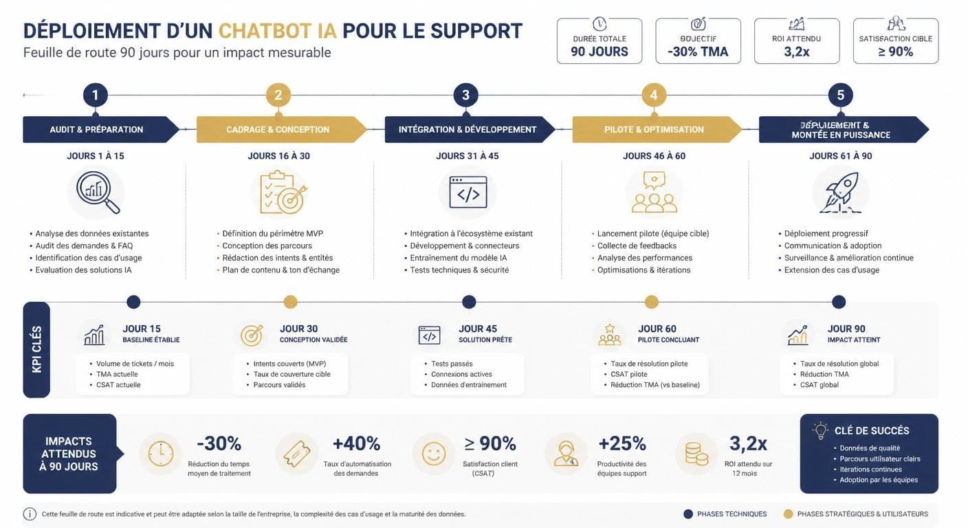 Infographie du déploiement d'un chatbot IA de service client en 90 jours