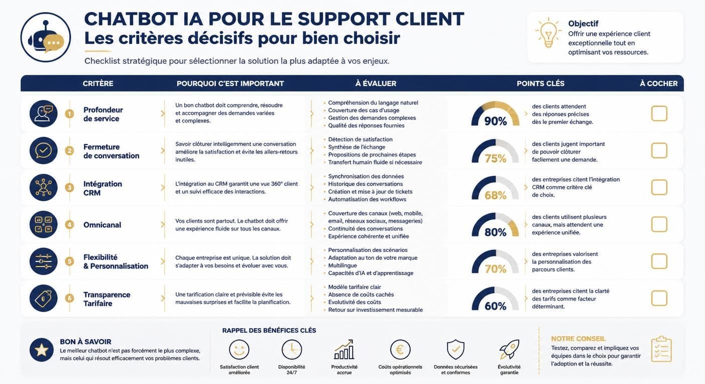Infographie des critères de choix d'une solution conversationnelle IA de support client