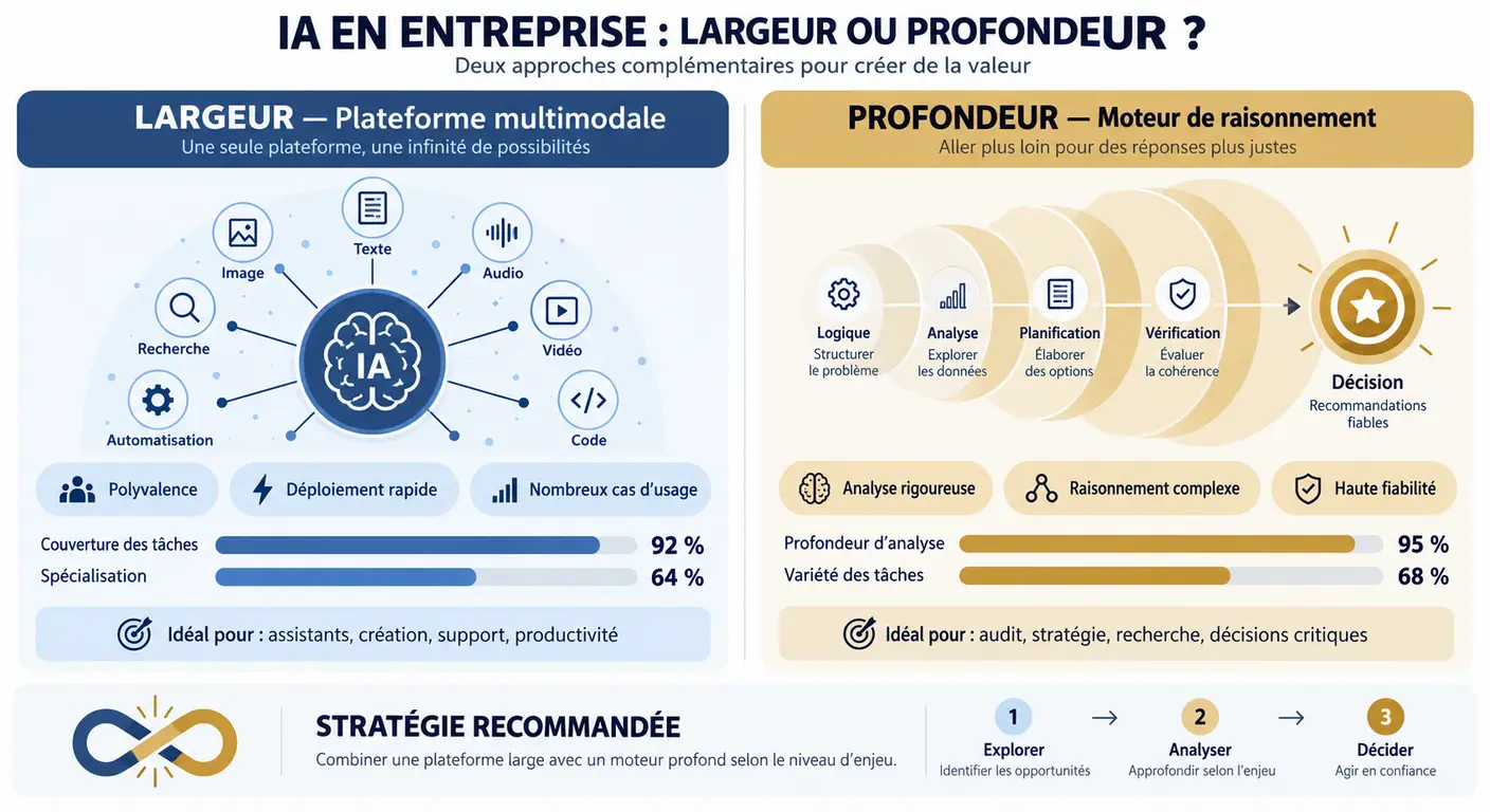 Infographie comparant la largeur multimodale de ChatGPT et la profondeur de raisonnement de Claude en entreprise