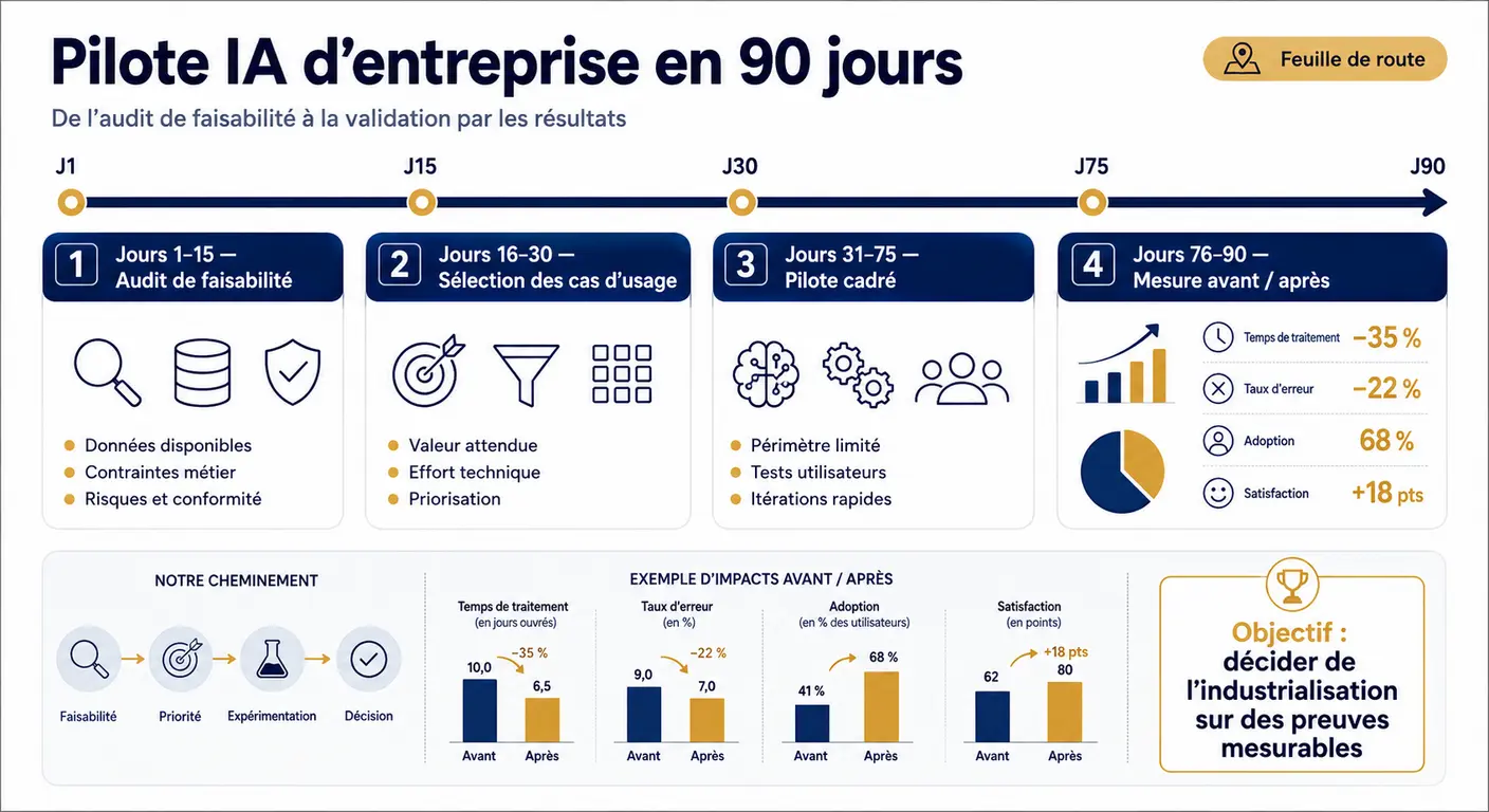 Infographie de la méthode de cadrage d'un pilote IA en 90 jours en entreprise