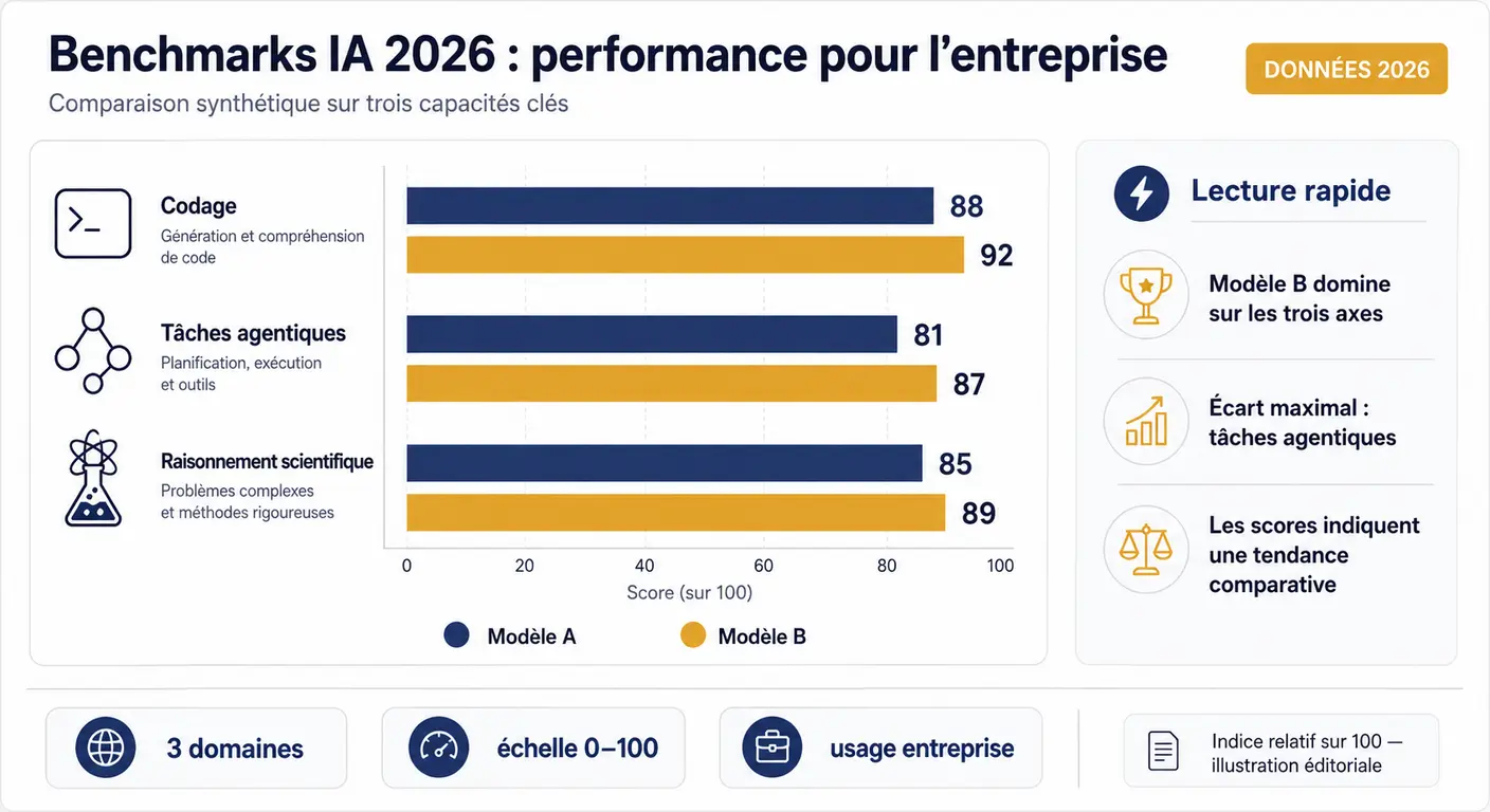 Infographie des benchmarks 2026 comparant ChatGPT et Claude pour un usage en entreprise