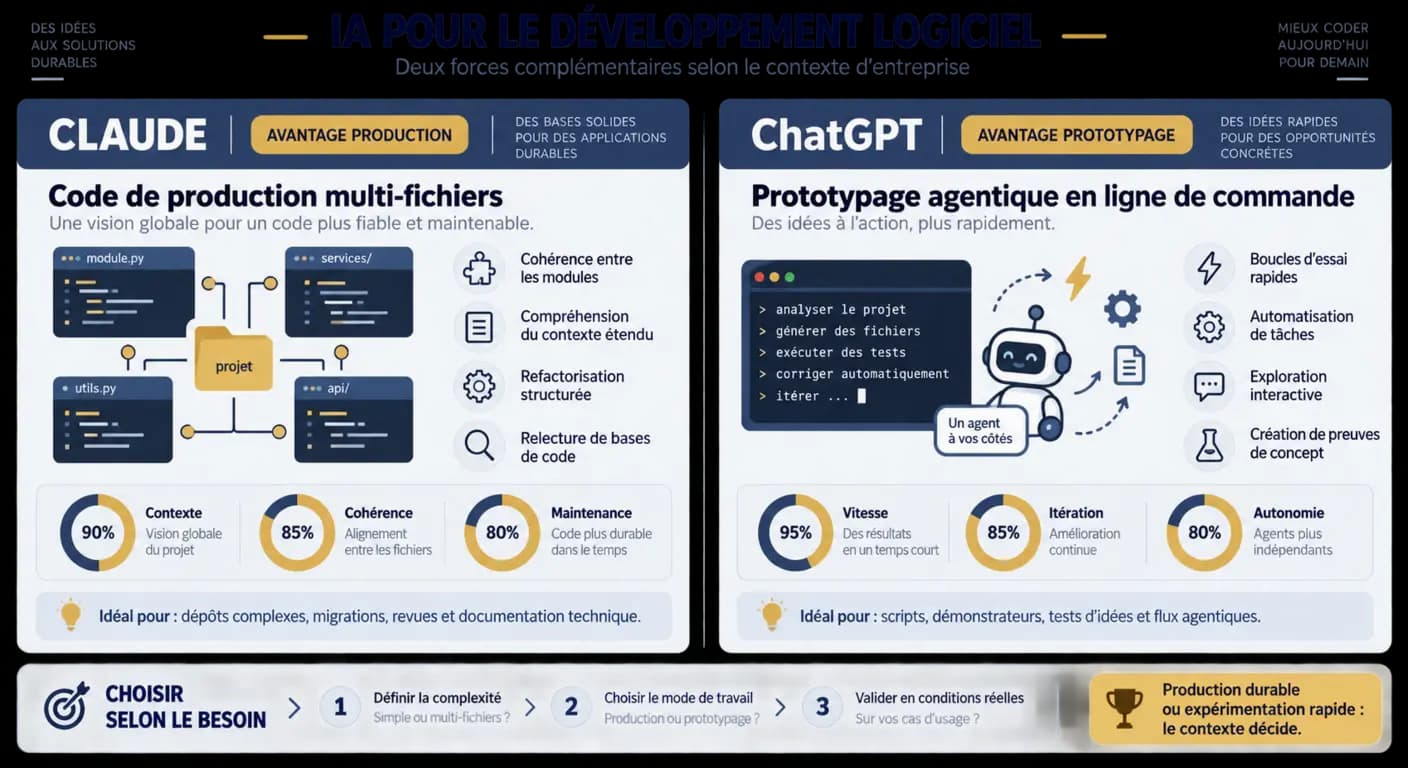 Infographie comparant les cas d'usage IA pour le code de production et le prototypage agentique en entreprise