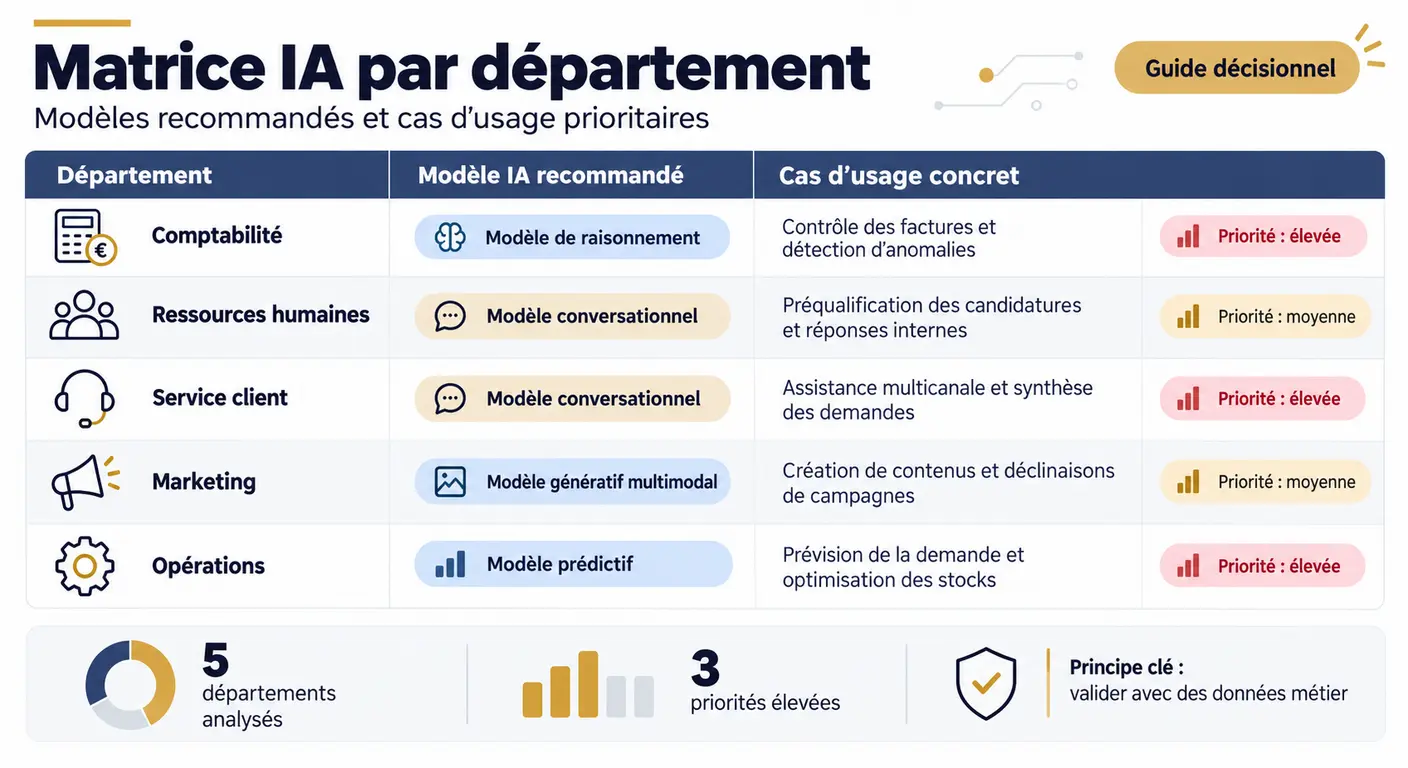 Infographie de la matrice des cas d'usage IA par service en entreprise