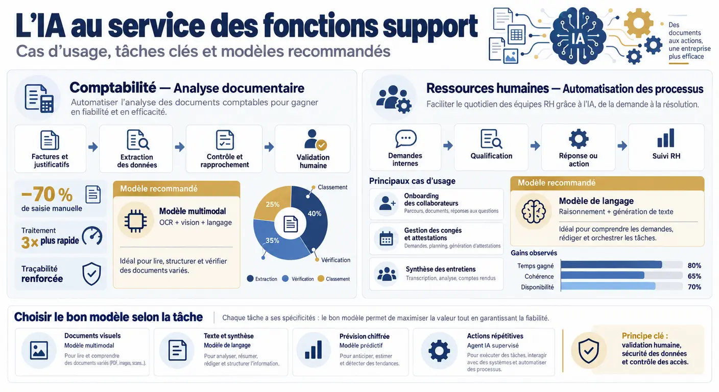 Infographie des cas d'usage IA pour les fonctions comptabilité et RH en entreprise