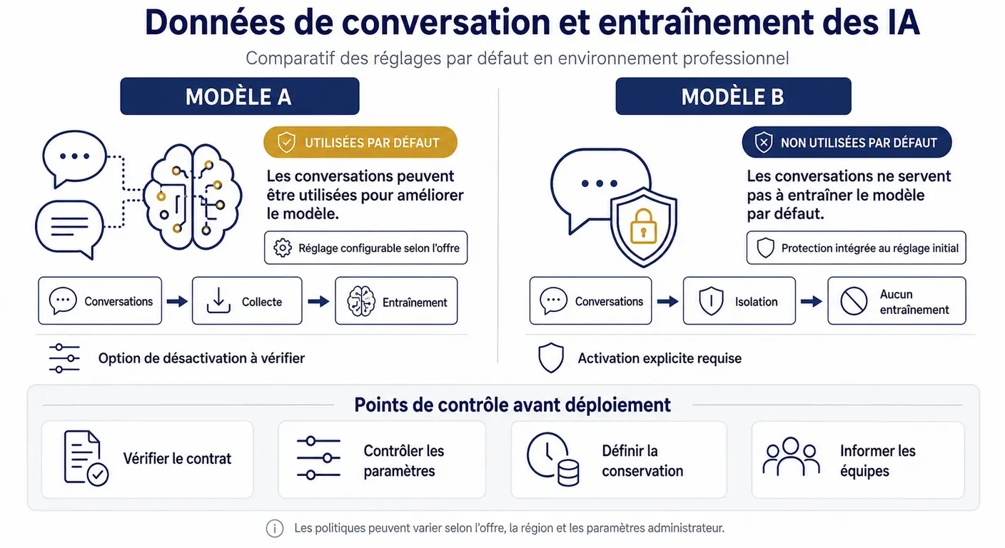 Infographie comparant les politiques d'entraînement sur les données de ChatGPT et Claude pour un usage en entreprise