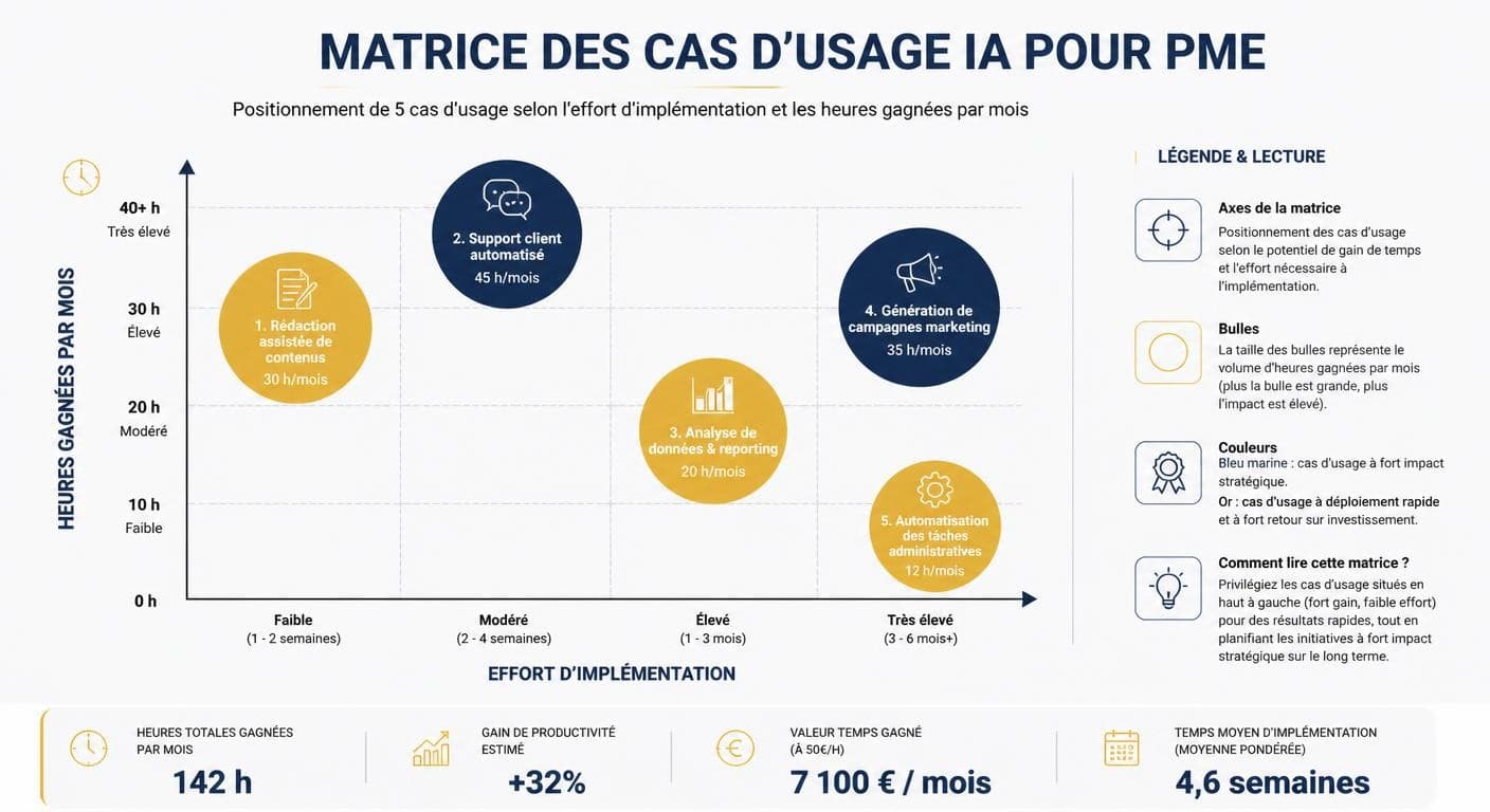 Infographie matrice des cas d'usage IA classés par effort et heures gagnées