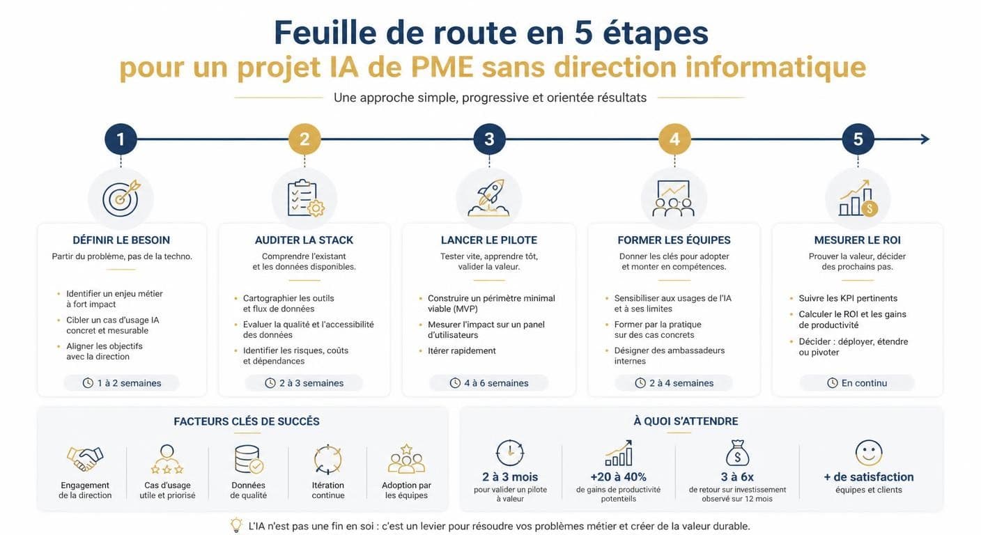 Infographie des 5 étapes pour lancer un projet IA sans DSI