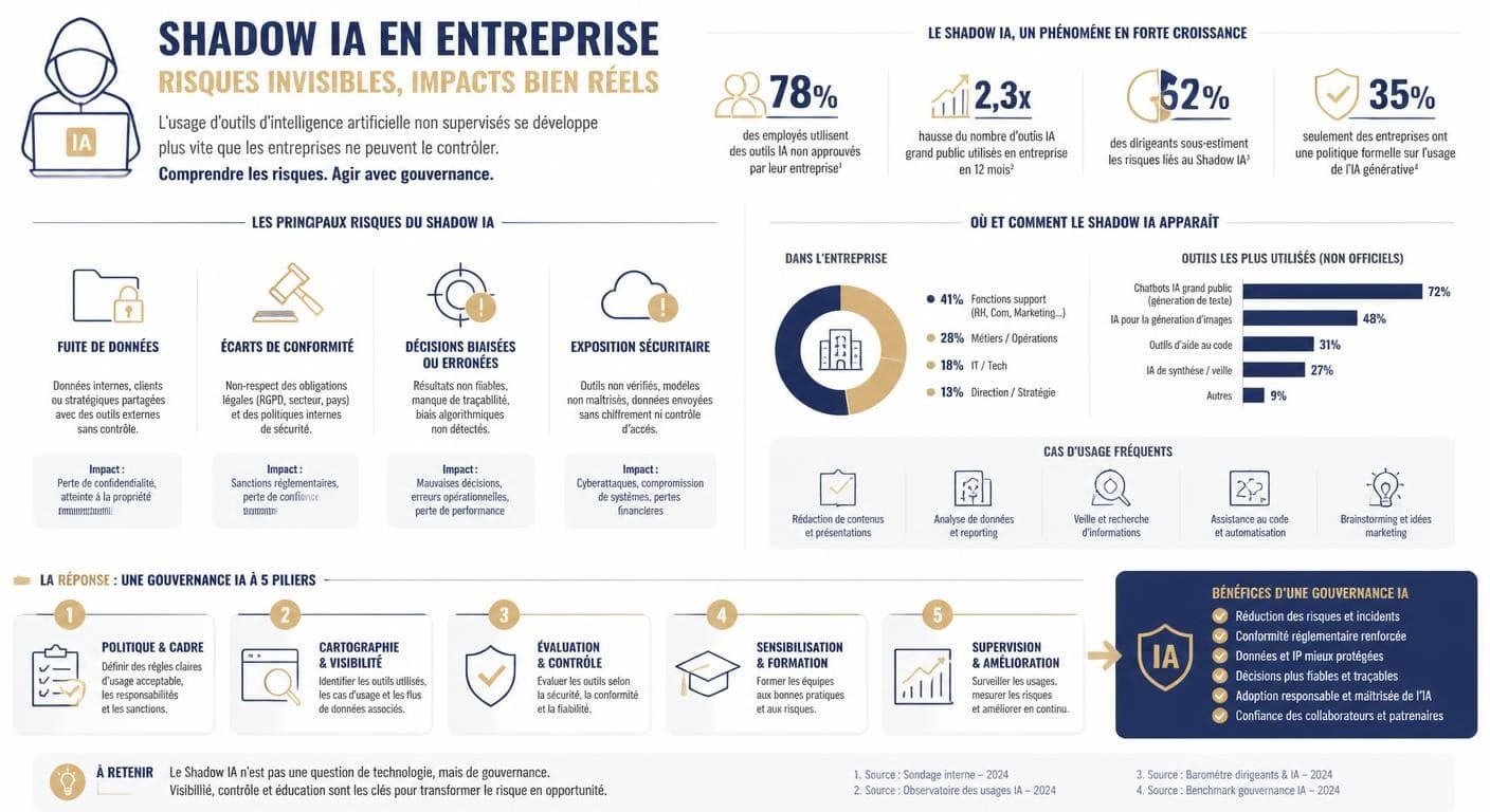 Infographie des risques du Shadow IA et de la réponse par la gouvernance
