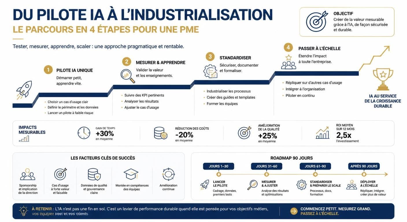 Infographie du passage du pilote IA à l'industrialisation sans équipe technique