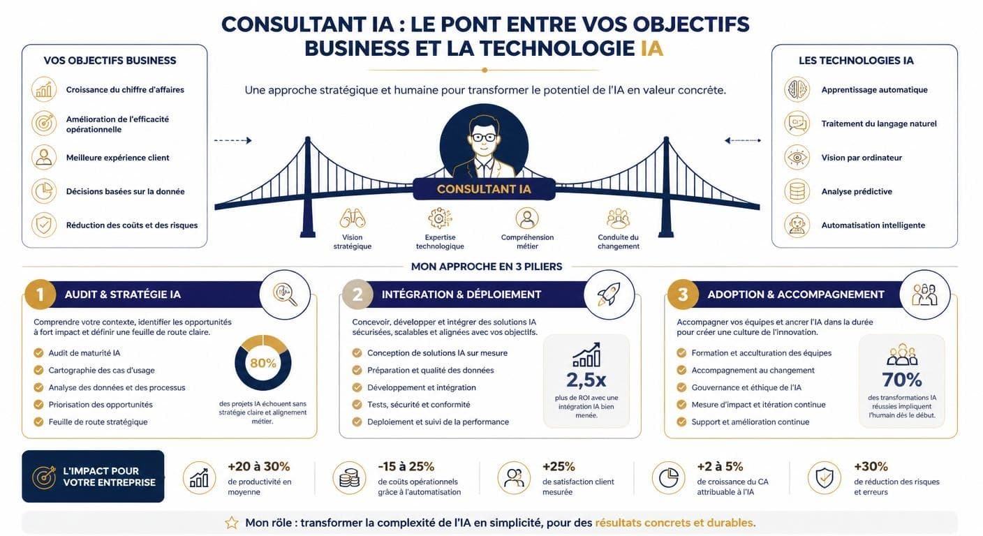 Infographie du rôle d'un consultant en intelligence artificielle entre objectifs métier et technologie