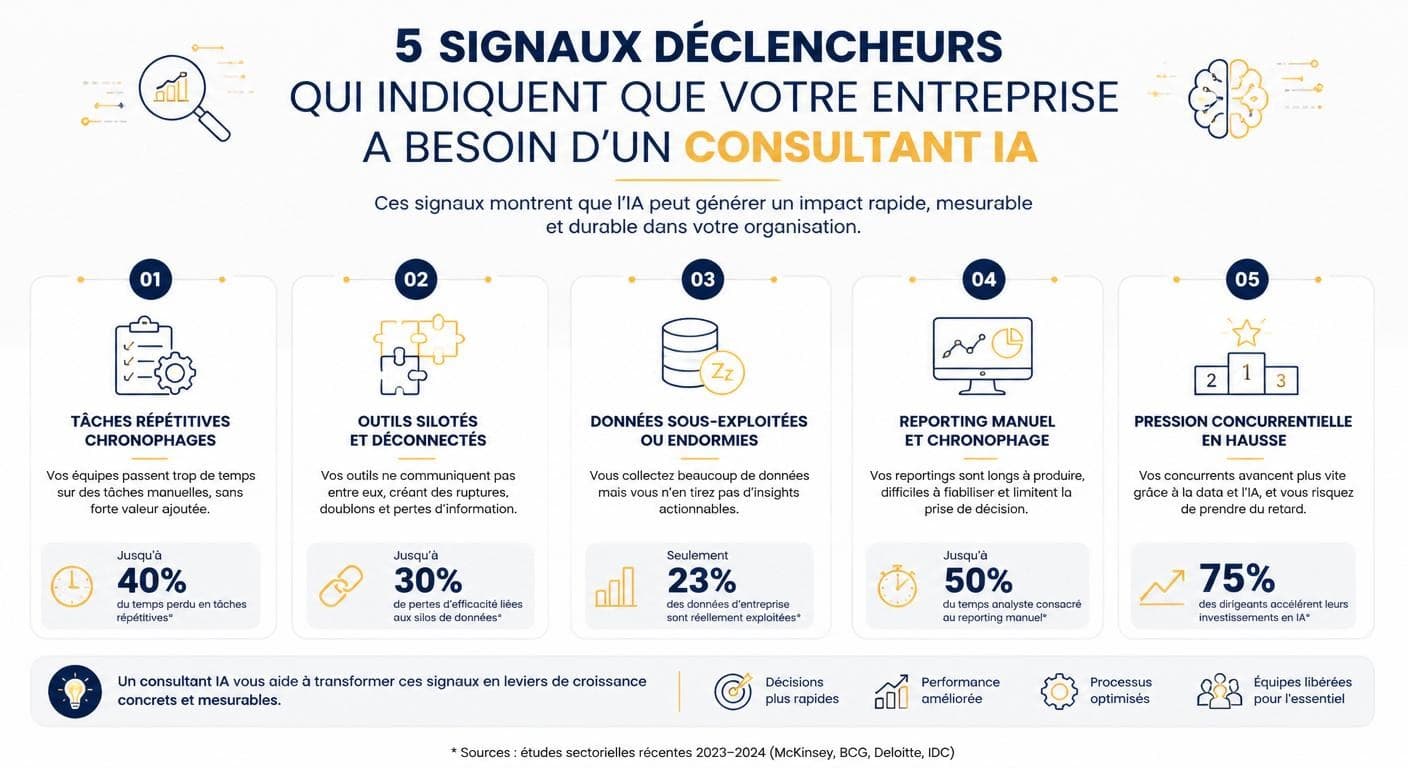 Infographie des cinq signaux indiquant qu'une entreprise a besoin d'un consultant IA