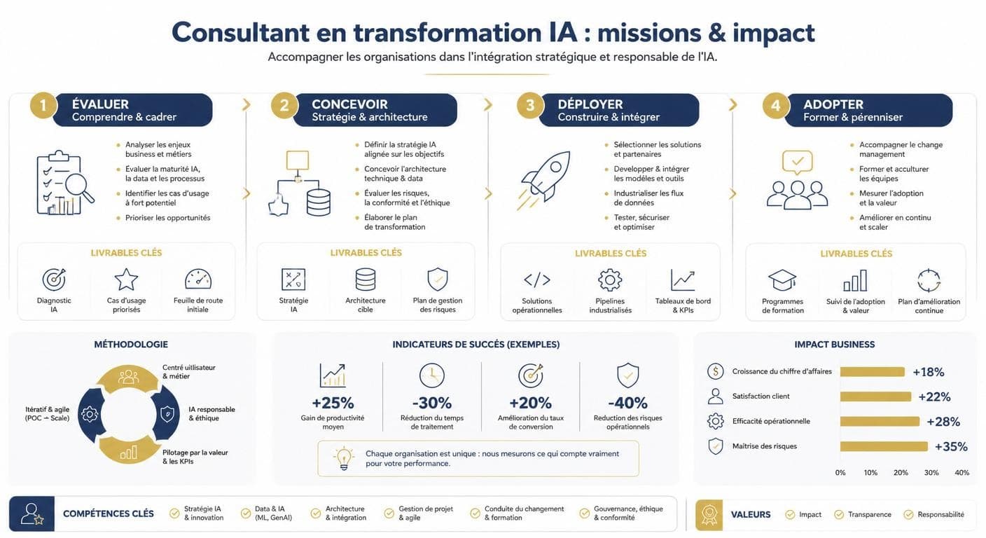 Infographie des missions clés d'un consultant en transformation IA par phase