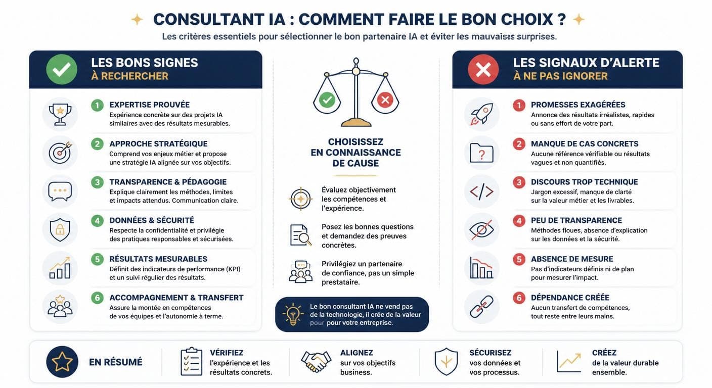 Infographie des critères de choix et des signaux d'alerte pour sélectionner un consultant IA