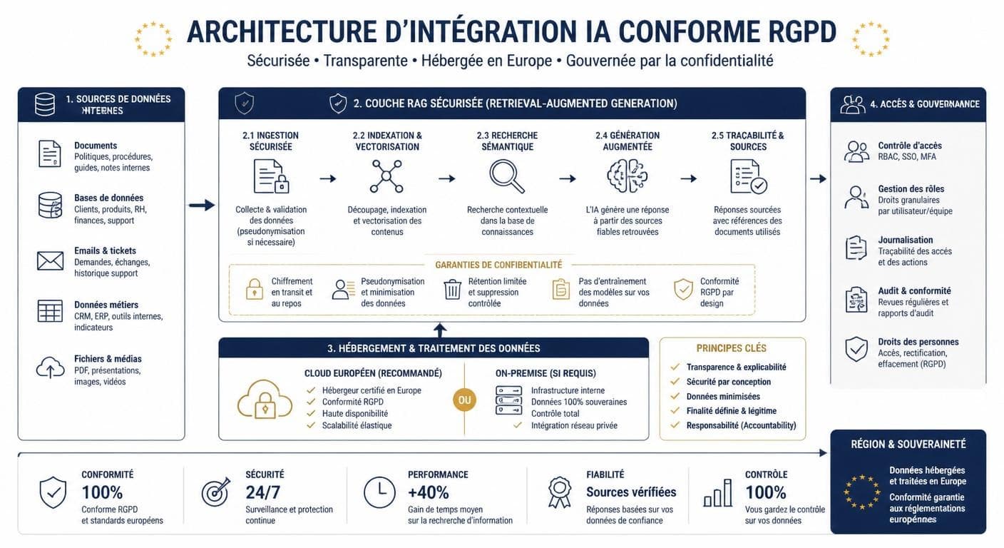 Infographie d'une architecture d'intégration IA conforme au RGPD pour un DSI