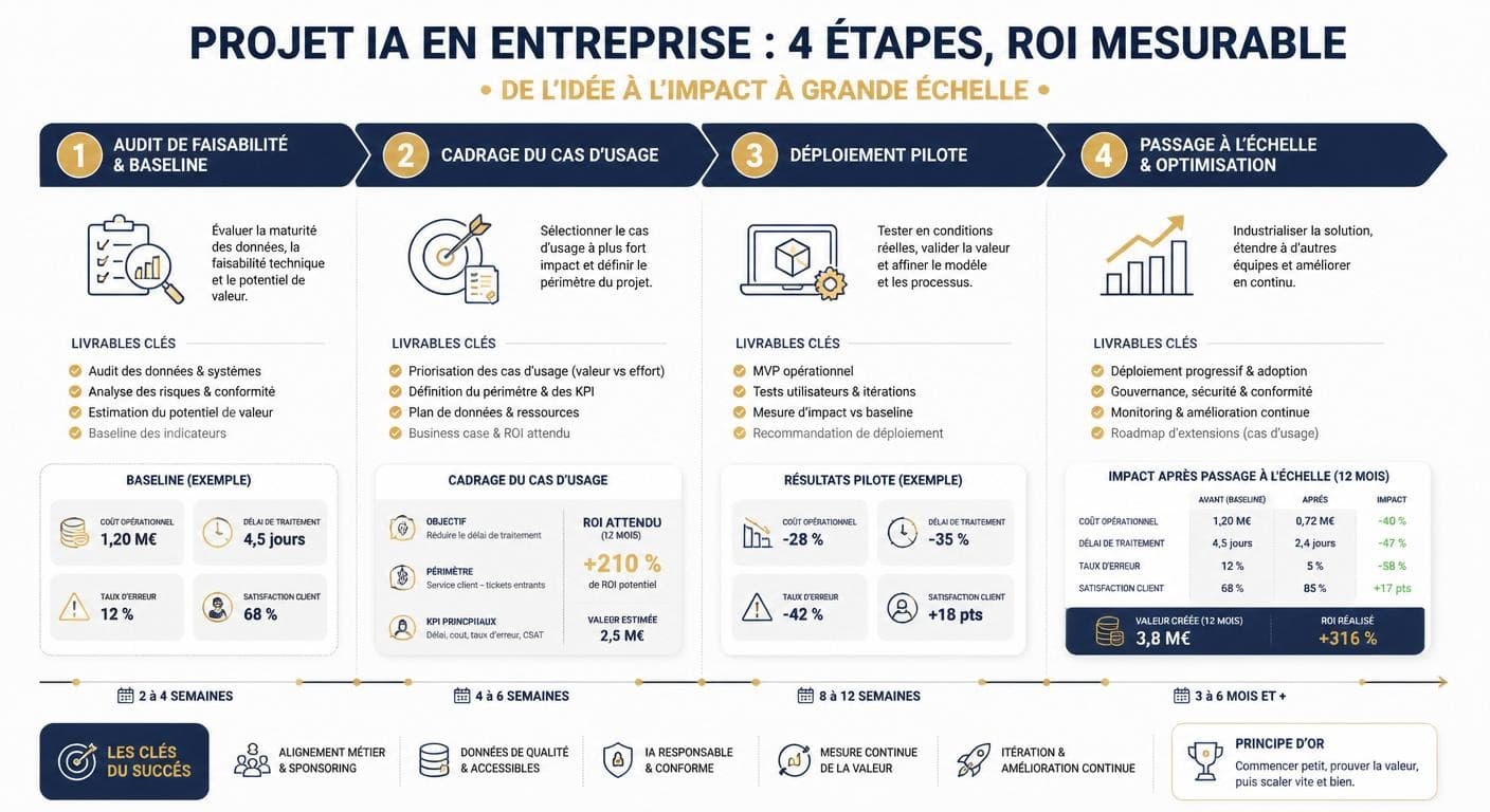 Infographie des quatre étapes d'un projet IA à ROI mesurable, de l'audit à l'industrialisation