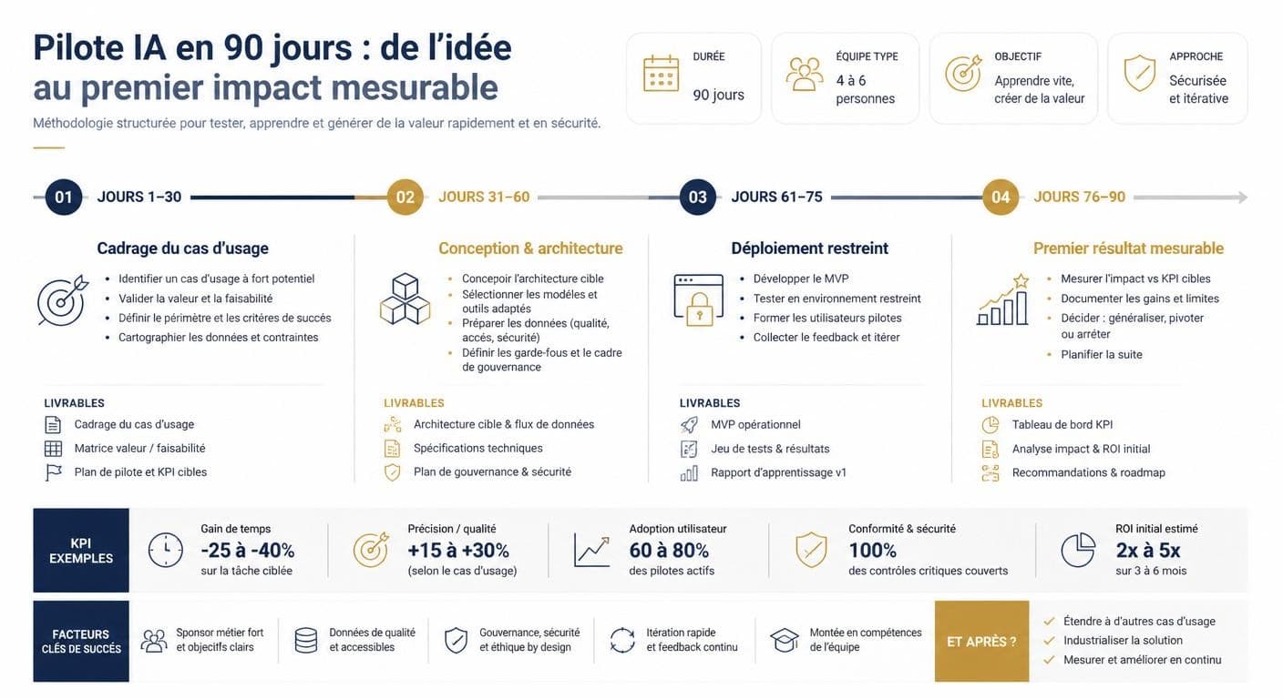 Infographie du cadrage et du pilote d'un projet IA en 90 jours