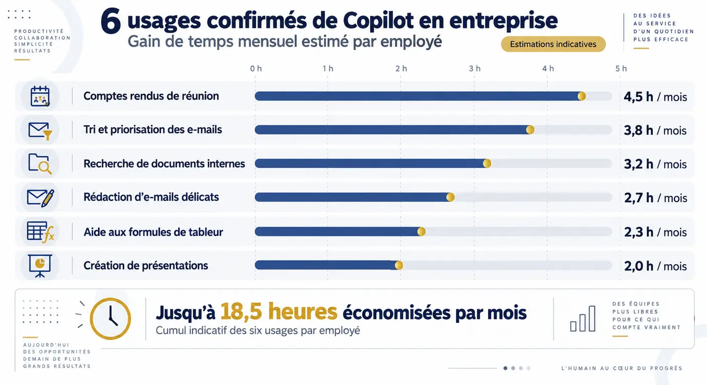 Infographie des six usages confirmés de Microsoft 365 Copilot et du temps gagné par salarié