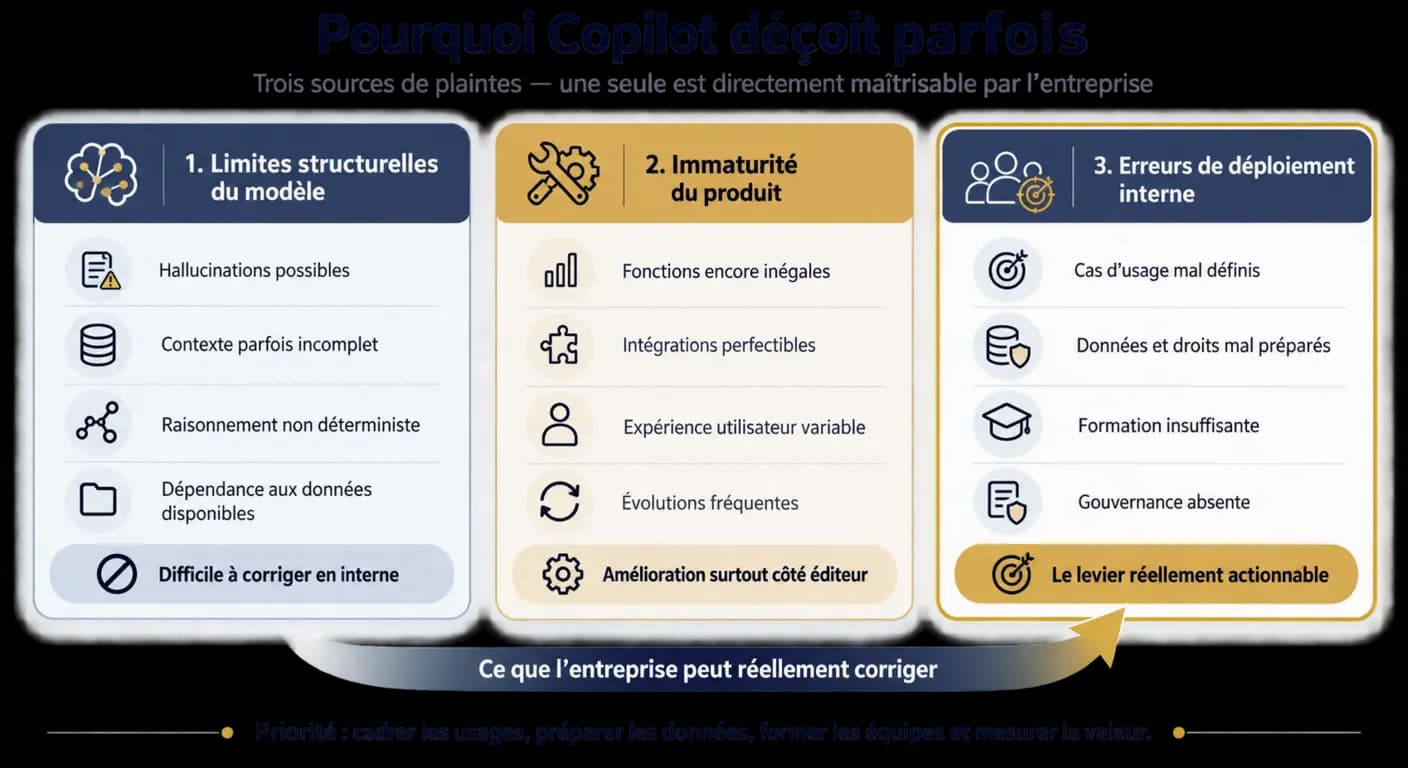Infographie classant les critiques de Microsoft 365 Copilot en limites structurelles, immaturité produit et erreurs de déploiement