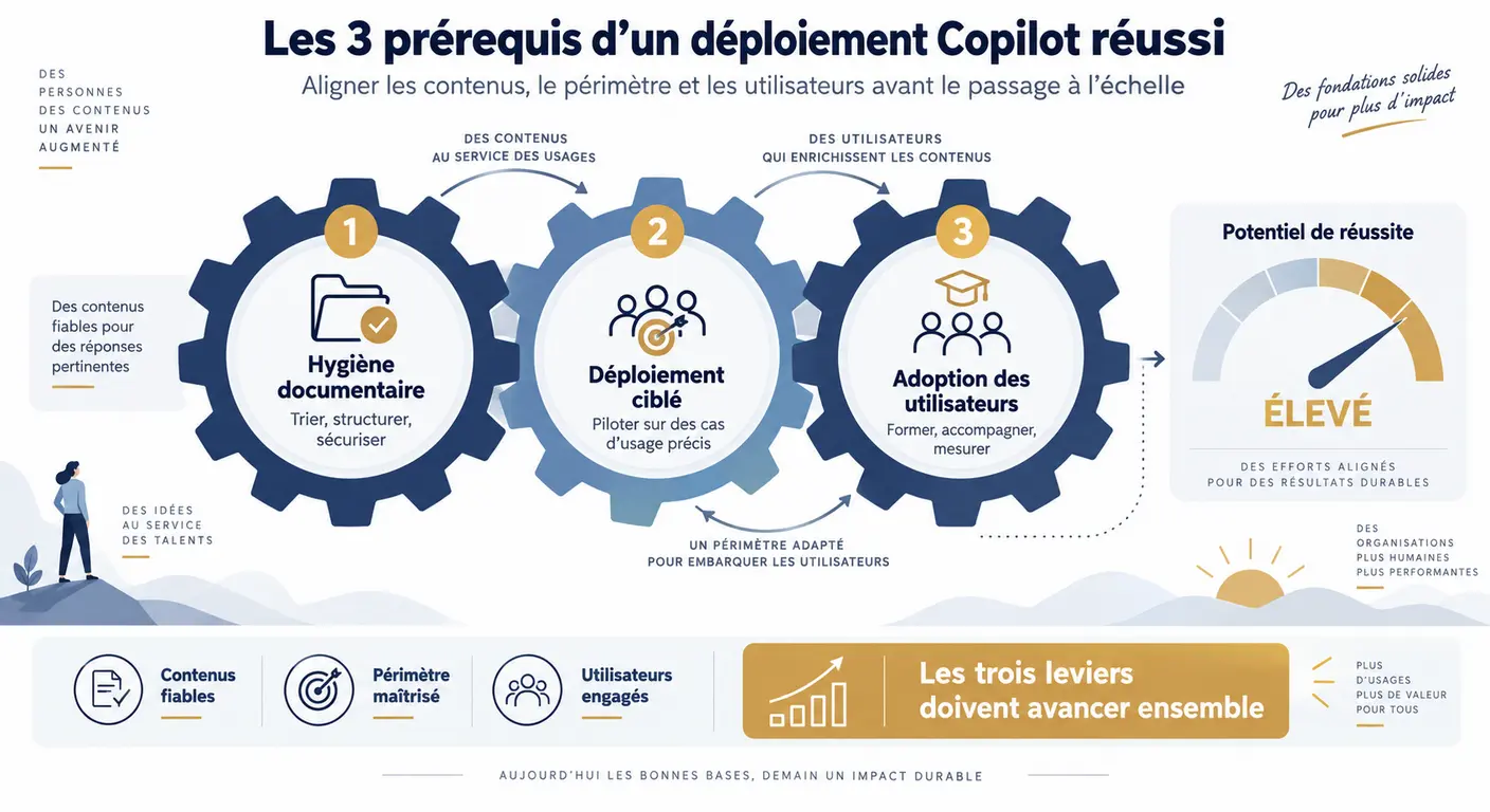 Infographie des trois prérequis internes d'un déploiement réussi de Microsoft 365 Copilot
