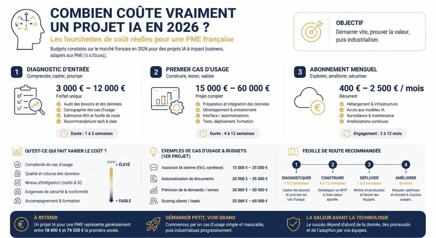 Infographie des fourchettes de coût d'un projet IA en PME en 2026